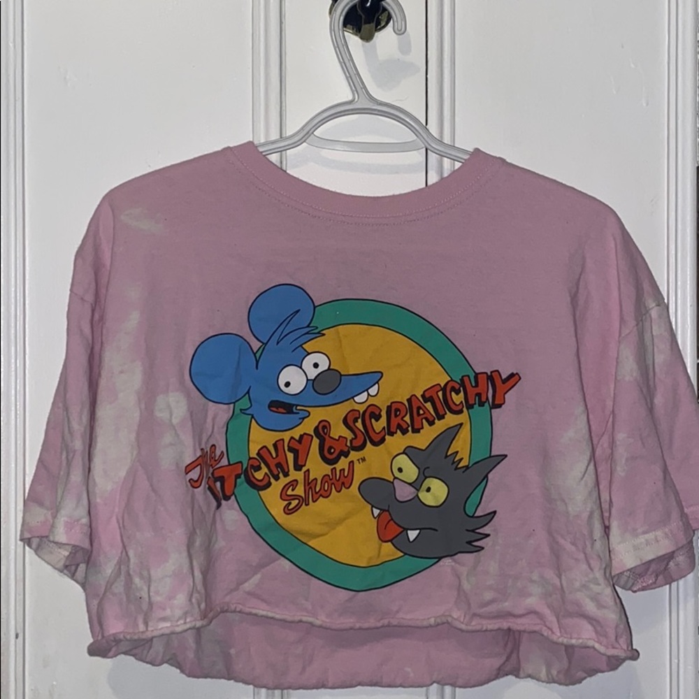 Cropped Pink Bleach Wash Itchy And Scratchy Shirt